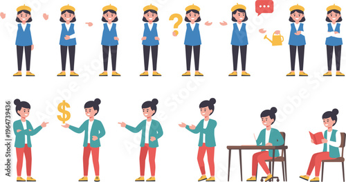 Vector illustration of cartoon characters in expressive poses with gestures, props, and actions for animation and design