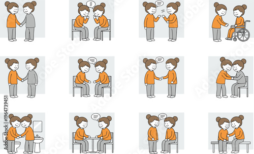 Vector illustration of cartoon characters showing empathy, kindness, communication, and supportive interactions in friendly human relationships