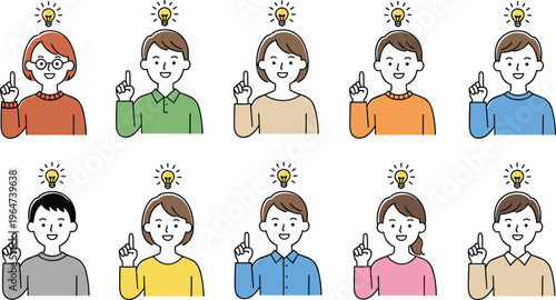 Vector illustration of cartoon people with light bulbs symbolizing ideas, creativity, inspiration, and realization in diverse expressions