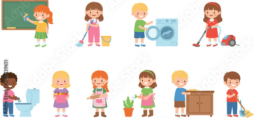Vector illustration of children doing household chores including cleaning, cooking, laundry, watering plants and vacuuming