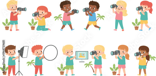 Vector illustration of children learning photography with cameras, lights, reflector and computer in cartoon style