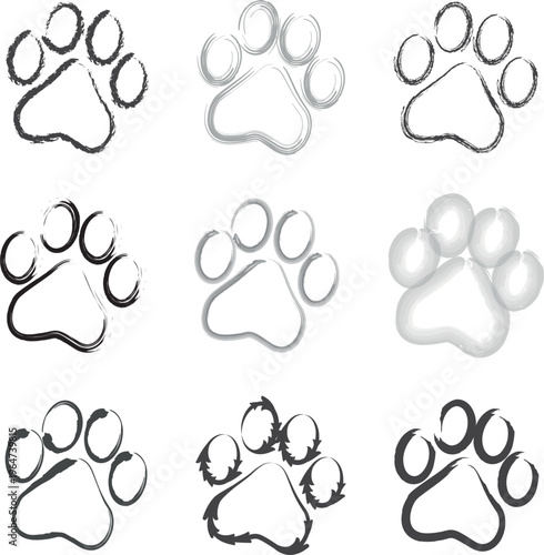 Paw Prints. Cute pets and Dogs pets paw print isolated on white background. Animal paw prints.