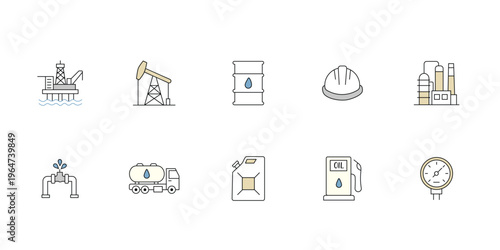 Oil and gas industry editable stroke icon set, 10 petroleum production vector elements, energy sector refinery and fuel transportation symbols for infographics