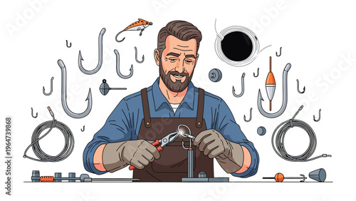 Fly-Tying Artistry: A skilled artisan meticulously crafts a fishing lure, surrounded by tools of the trade, demonstrating precision and passion.