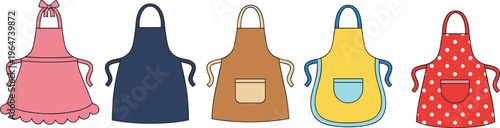 Vector illustration of colorful aprons including pink, blue, brown, yellow and red polka dot designs