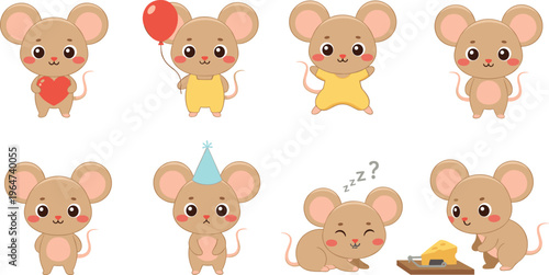 Vector illustration of cute mouse character icons including heart, balloon, party hat, cheese and playful poses