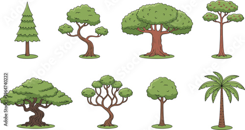 Vector illustration of diverse tree icons including conifer, broadleaf, palm and stylized nature designs