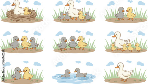 Vector illustration of duck family including mother duck, ducklings, nest, pond and nature scenes
