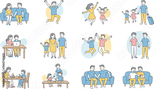 Vector illustration of family and relationship scenes featuring bonding, love, parenting, togetherness, and lifestyle activities in pastel colors