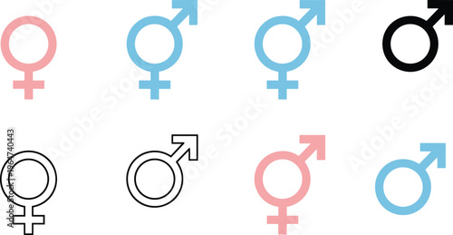 Vector illustration of gender symbols including male and female signs in pink, blue and black styles