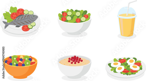 Vector illustration of healthy food including fish, salad, fruit, oatmeal and juice in cartoon style