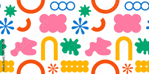 Playful Memphis seamless pattern with colorful abstract geometric shapes. Bright retro style background for textile, packaging, wallpaper, kids decor and modern branding design