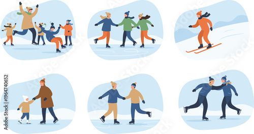 Vector illustration of people enjoying winter activities including ice skating, skiing, and outdoor fun in cold weather