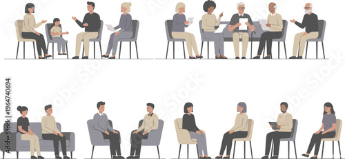 Vector illustration of people in conversation and discussion showing counseling, therapy, dialogue, and interpersonal communication