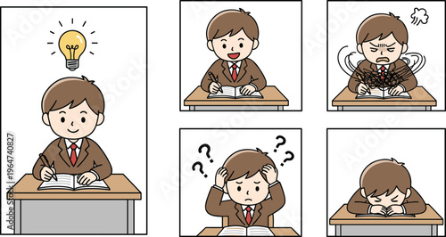 Vector illustration of student emotions while studying including idea, confusion, frustration and tiredness