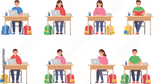 Vector illustration of students at desks studying with laptops, books, and backpacks in classroom learning environment