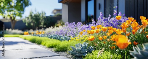 Ultra-realistic close-up of succulents and California poppies in a modern landscape design