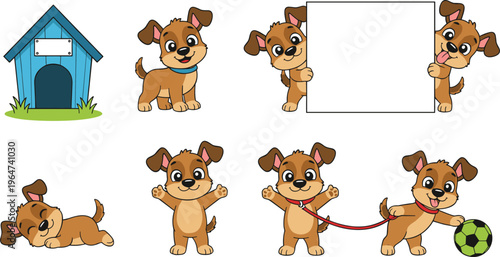   
Vector illustration of cute puppy with doghouse, leash, soccer ball and playful poses