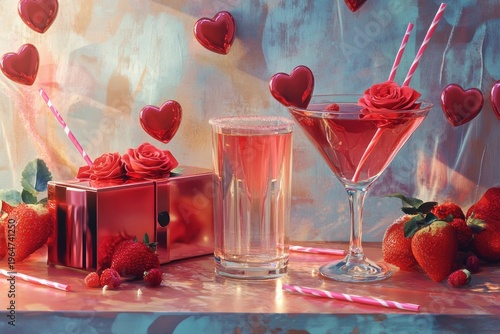 Valentine's Day cocktails, red and pink drinks with roses in the glasses, gift boxes on the table, heart-shaped ice cubes