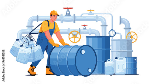 Oil Industry Workforce: A dedicated worker meticulously manages barrels and equipment amidst an industrial setting, symbolizing labor and precision in the oil industry.