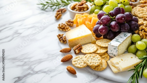 Vibrant cheese platter with grapes, nuts, and crackers on a white marble background. Perfect for any design