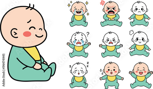 Vector illustration of cartoon baby emotions featuring facial expressions, reactions, and feelings in playful infant character design