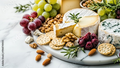 Vibrant cheese platter with grapes, nuts, and crackers on a white marble background. Perfect for any design