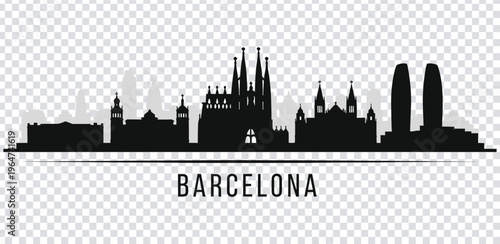 Vector illustration black silhouette of barcelona city skyline with famous landmarks