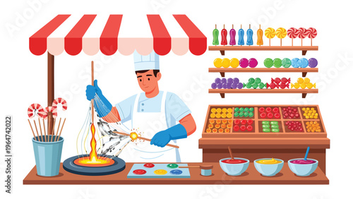 Candy Craft: A skilled confectioner meticulously crafts a colorful array of sweets. Candy Shop offering sugary delights 