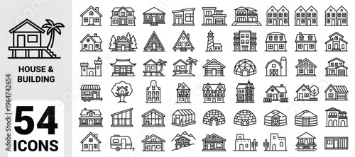House and building icon set featuring diverse global architecture including cabins, duplexes, pagodas, barns, igloos, lighthouses, mobile homes, adobe houses, and modern residences