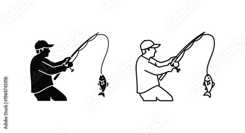 Fishermen catching fish with rods silhouette Vector
