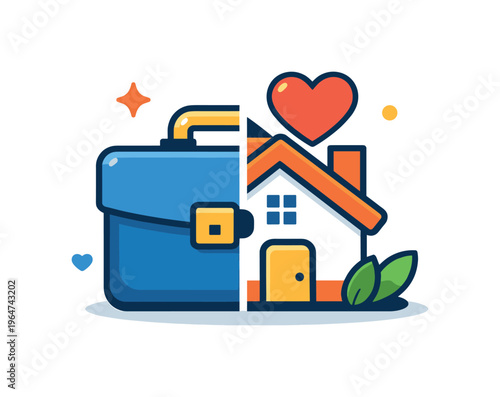 Work life balance within family responsibilities portrayed through a calm visual metaphor of a briefcase transforming into a small house with a heart above it.