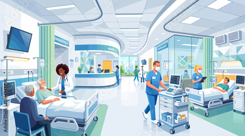 A vibrant and modern hospital interior with medical staff attending to patients in a clean and well-equipped healthcare facility.