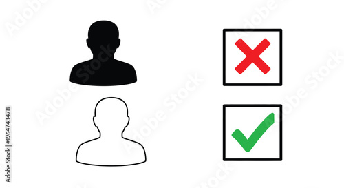 User profile with acceptance and rejection symbols black silhouette