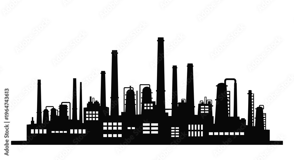 Obraz premium Industrial complex with multiple smokestacks against a white background silhouette