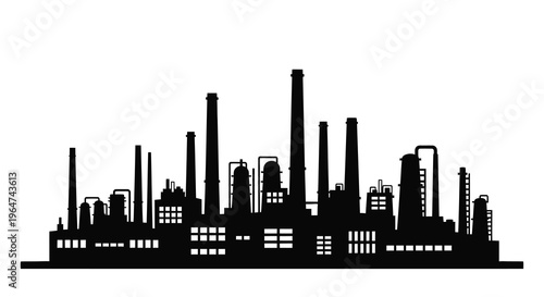 Industrial complex with multiple smokestacks against a white background silhouette