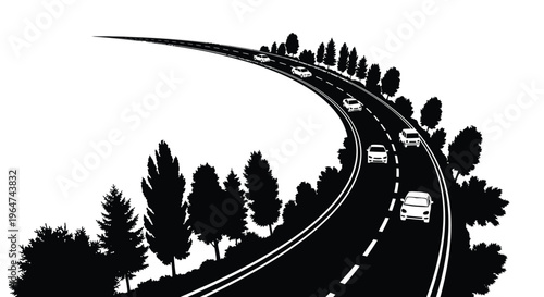Curving road with vehicles and trees a striking black silhouette