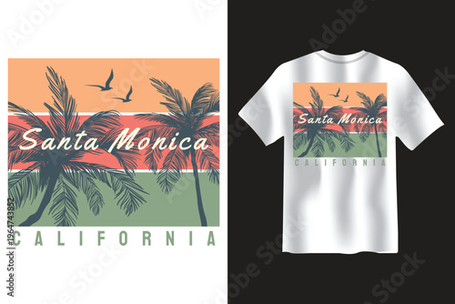 Vintage santa monica california t-shirt design featuring palm trees and birds against a sunset Vector