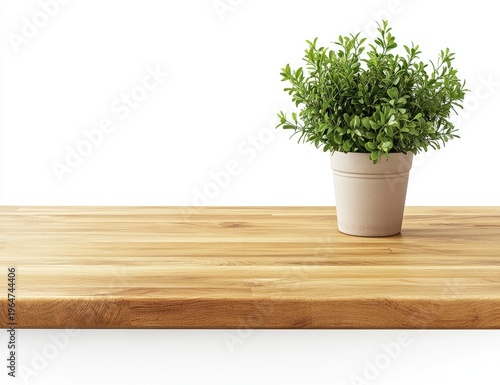 Wooden kitchen counter with a plant isolated on a white background