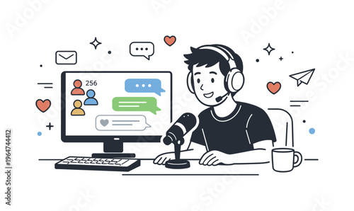 Streaming Gamer Scene. A gamer sitting at a desk speaking into a small microphone while a screen shows chat bubbles and viewer icons. Friendly online streaming