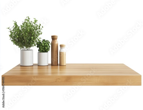 Wooden kitchen counter with a plant isolated on a white background
