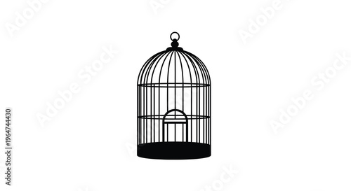 A vintage birdcage with an open door stark black silhouette