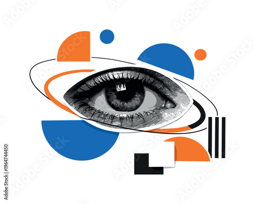 surreal human eye abstract circles semicircles and geometric blocks orbiting around, black and white retro eye cut-out with white outline and layered collage