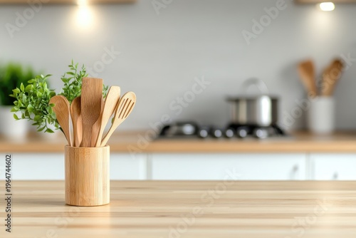 Wooden kitchen counter with a plant isolated on a white background