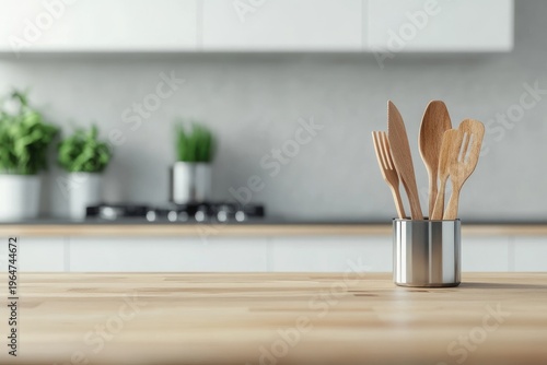 Wooden kitchen counter with a plant isolated on a white background