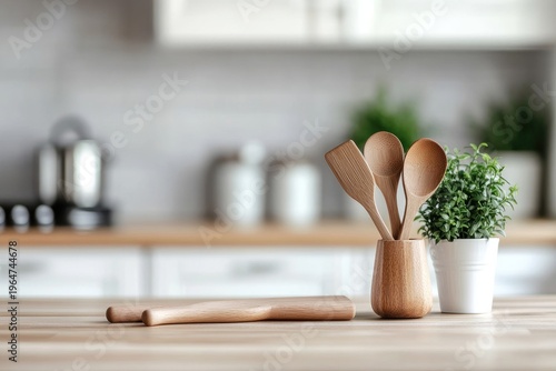 Wooden kitchen counter with a plant isolated on a white background