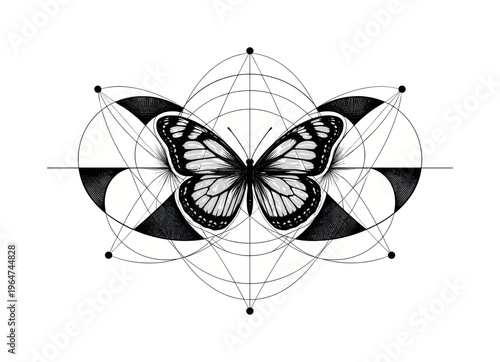 butterfly, semicircles and thin intersecting lines forming an abstract symmetrical structure, black and white retro butterfly with surreal geometric wing