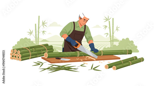 Crafting with Bamboo: A craftsman meticulously saws a bamboo stalk, showcasing the precision and skill required for sustainable building or artisan work.