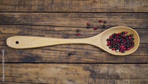 Wooden spoon with red and black pepper on a wooden table, top view. A rustic kitchen scene featuring a long bamboo chef's serving tool