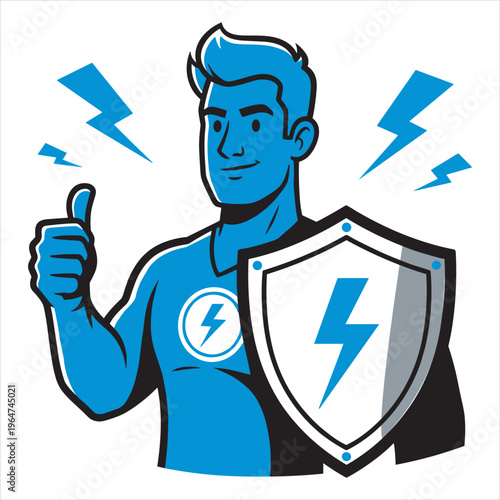 A blue superhero with a shield and lightning bolts Vector